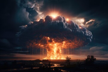 Explosion of an atomic bomb. Blast wave, Destroyed city. Apocalypse