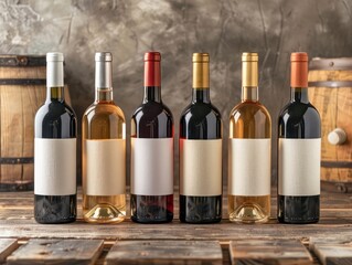 wine bottles lined up with white labels