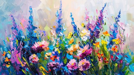 A painting of a field of flowers with a variety of colors