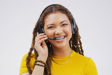 Portrait, woman and headset for call centre, virtual assistant and communication with smile. Gen z,...