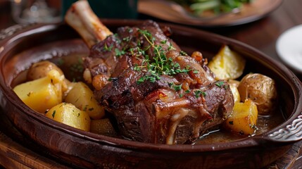 A close up of a plate featuring tender, juicy slow cooked lamb with roasted potatoes