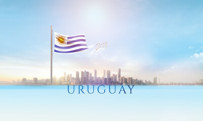Uruguay national flag waving in beautiful building skyline.