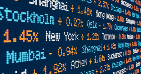 Stock market and exchange, ticker with index changes. Financial markets, cities and percentage index changes, trading, investment. Stockholm, New York, Mumbai, Shanghai, Oslo, Toronto.