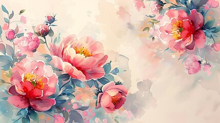 Beautiful artistic watercolor background with peonies over light white backdrop. Beautiful floral template