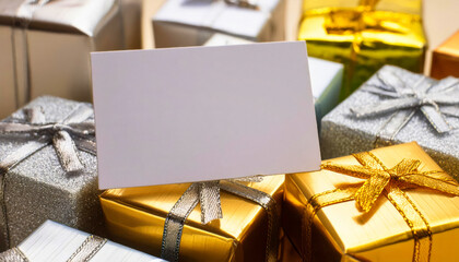 Festive gift boxes in gold and silver, elegantly ribboned with a blank card, ideal for luxury celebrations and copyspace.