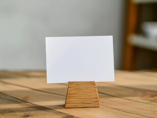 horizontal postal card in wooden stand, on top of a table