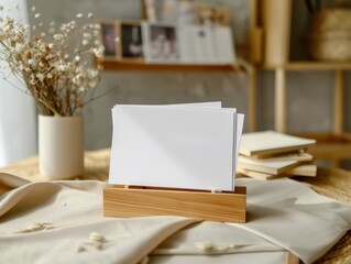 horizontal postal card in wooden stand, on top of a table