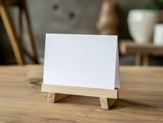 horizontal postal card in wooden stand, on top of a table