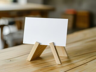 horizontal postal card in wooden stand, on top of a table