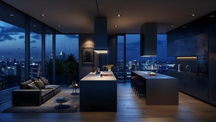 Naklejka premium Contemporary Studio Apartment with Dark-Colored Kitchen Island, Cozy Living Area, and City View. Concept Contemporary Studio Apartment, Dark-Colored Kitchen Island, Cozy Living Area, City View