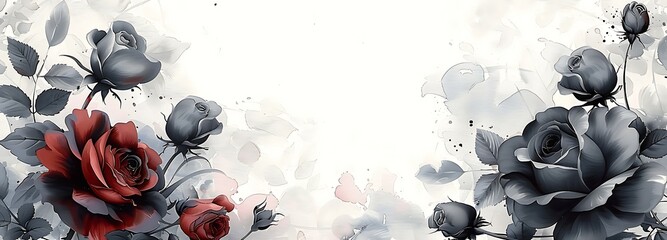 Beautiful black roses watercolor background with empty copy space for text. Funeral invitation design