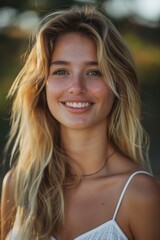 Smiling blonde woman outdoors, portrait of youth and happiness
