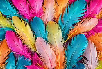 Background of soft and blurred chicken feathers in beautiful neon color