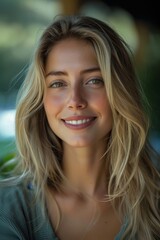 a young woman with long, wavy blonde hair. She has light makeup on and is smiling at the camera. She is wearing a gray T-shirt.