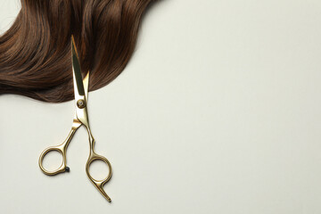 Professional hairdresser scissors with brown hair strand on light grey background, top view. Space...