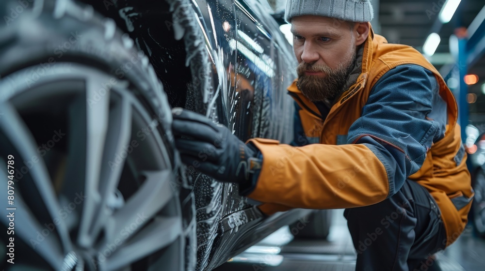 Poster vehicle inspector, a man checking the car. generative ai.