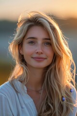 A young woman with long blonde hair is smiling at the camera. Her hair is blowing in the wind and the sun is shining on her face.
