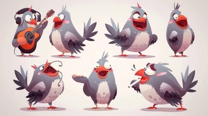 Set of cartoon pigeon characters isolated on white background. Illustration of adorable dove playing guitar, singing, air kissing, scared, smoking a cigarette, funny mascots.