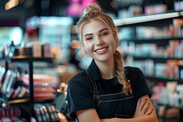 smiling woman seller wearing professional uniform with beautiful make up at a cosmetics store with blurred cosmetics products in the background