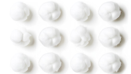 Collage of soft cotton balls on white background, top view