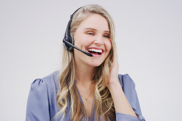 Laugh, woman and headset in call center on white background with consult for telemarketing job. Technology, customer service and help with voip for contact on internet with telemarketer in Sweden.