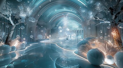 The wedding venue captured in the image is a mesmerizing tableau that seems to transport its beholders into a futuristic aquatic wonderland. Generative AI.