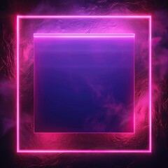 Pink neon square frame glowing in the dark.