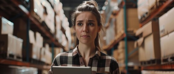 Fototapeta premium The image shows a beautiful white woman worker working on a tablet computer in a warehouse full of cardboard boxes. In the background, the image shows a professional loading cardboard boxes and