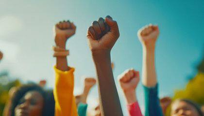 A group of people are holding up their fists in the air
