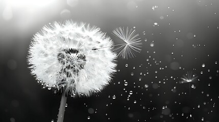  dandelion flower close up. black and white. Grief and loss concept