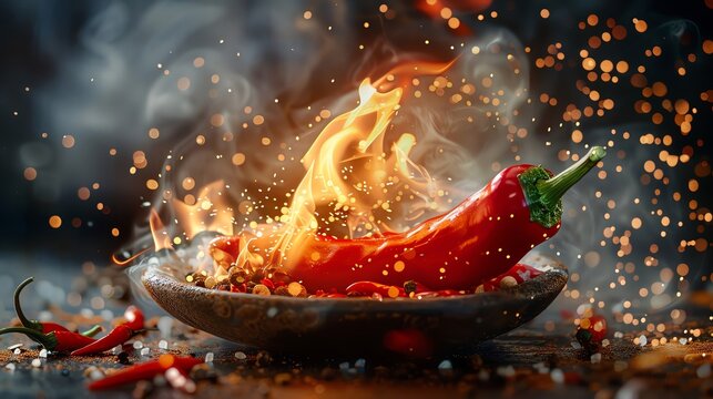 Flame-engulfed chili pepper in a culinary showdown, representing the essence of spicy food with a dramatic flair
