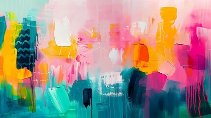 Beautiful abstract painting with vivid colors and simple shades. Pink, mint green, yellow artistic bright colorful maximalist wall art