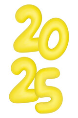Happy New 2025 Year. yellow 3D numbers 2025 isolated on transparent background. Vector design.