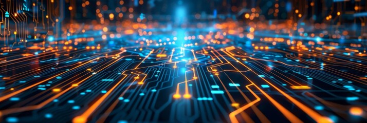 A computer circuit board with glowing lights and lines, AI