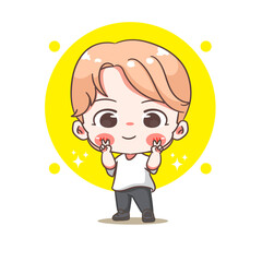Cute boy posing peace hand wearing tee shirt cartoon character. Korean style fashion. People expression concept design. Chibi vector illustration. Isolated white background