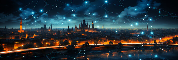 Illuminated Cityscape with Digital Connectivity Grid Over Urban Horizon at Night