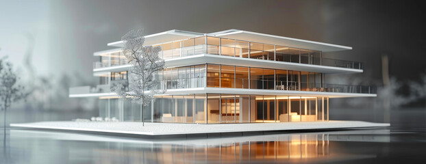 Fototapeta premium Architectural Model: Modern Office Interior Design - Open Floor Plan, Glass Walls, Minimalist Decor, Workplace Concept