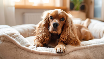 Cute cocker spaniel on pet bed in living room