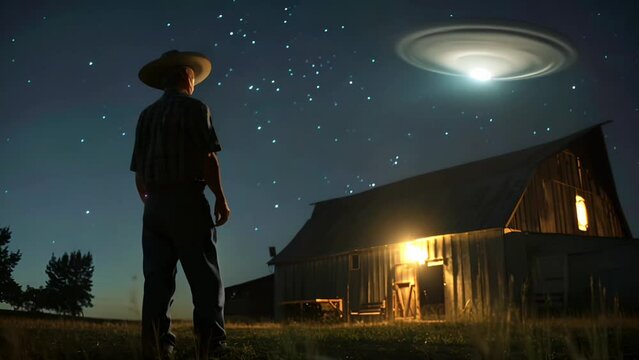Man in cowboy hat observing a flying saucer above a rustic barn at night, suitable for concepts related to UFO sightings and World UFO Day