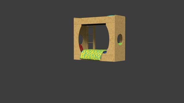 A wooden bunk bed with a green and yellow comforter and pillows. The bed is on a dark background
