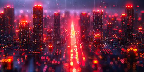 Futuristic Cyber Cityscape: Glistening Skyscrapers and Data Stream Visuals in a Rain-Drenched Metropolis at Night