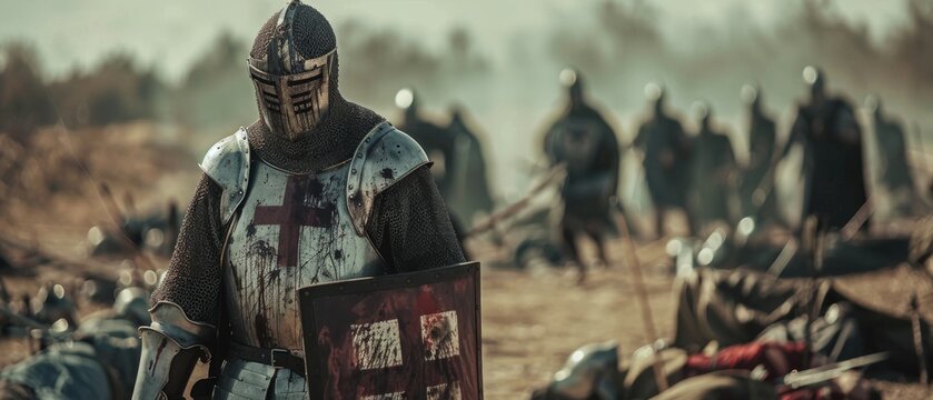 The Last Survivor of the Crusade, Soldier, Warrior after Battle. Wars, invasions, crusades destroyed. A dramatic, cinematic reenactment.