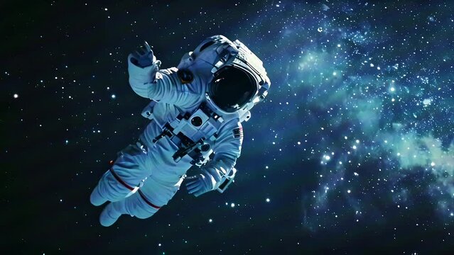 Astronaut in a white spacesuit floating in outer space with a backdrop of stars, ideal for International Day of Human Space Flight and space exploration themes