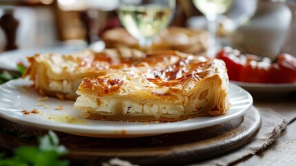 A white plate holds Tiropita Cheese Pie next to a glass of wine