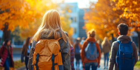 University students commuting on campus at start of day, diverse group walking to classes, educational setting with blurred backdrop