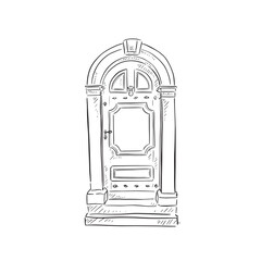 A line drawn illustration of a beautiful front door in a black and white sketch style. Vectorised for a variety of uses.