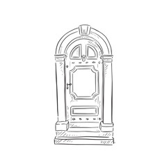 Fototapeta premium A line drawn illustration of a beautiful front door in a black and white sketch style. Vectorised for a variety of uses.