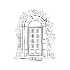 A line drawn illustration of a beautiful front door in a black and white sketch style. Finished with ivy around the door. Vectorised for a variety of uses.