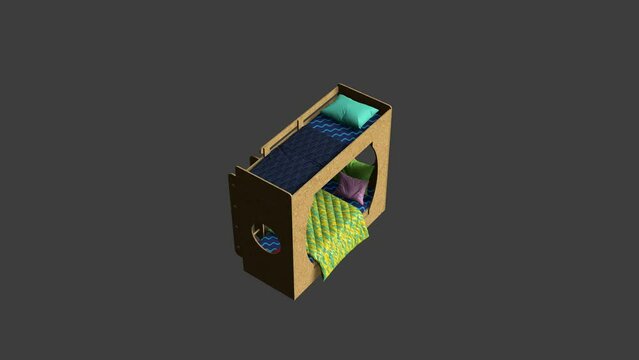 A bed with a bunk bed underneath it. The bed is made with a blue comforter and pillows