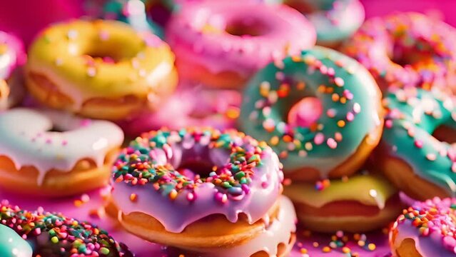 Colorful glazed doughnuts with sprinkles on a pink background, concept for dessert menu or celebrating National Donut Day